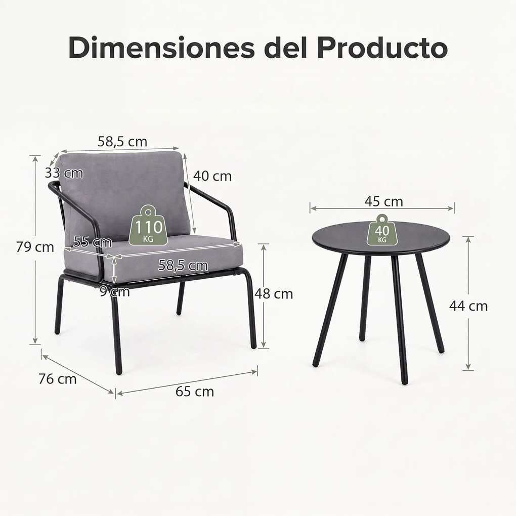 Conjunto de 2 Cadeiras e Mesa de Apoio de Jardim, 76,5 x 64 x 70 cm, Mesa de Vidro Temperado, Cinzento