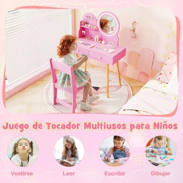 Conjunto de toucador para crianças com espelho iluminado de princesa Rosa