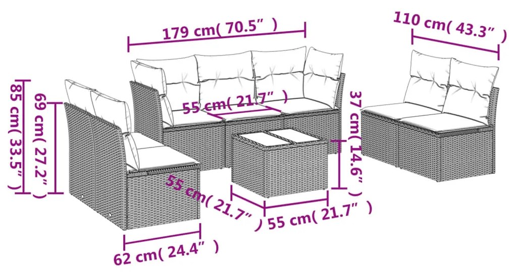 8 pcs conj. sofás jardim c/ almofadões vime PE cinzento-claro