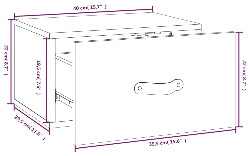 Mesas de cabeceira de parede 2 pcs 40x29,5x22 cm cinzento