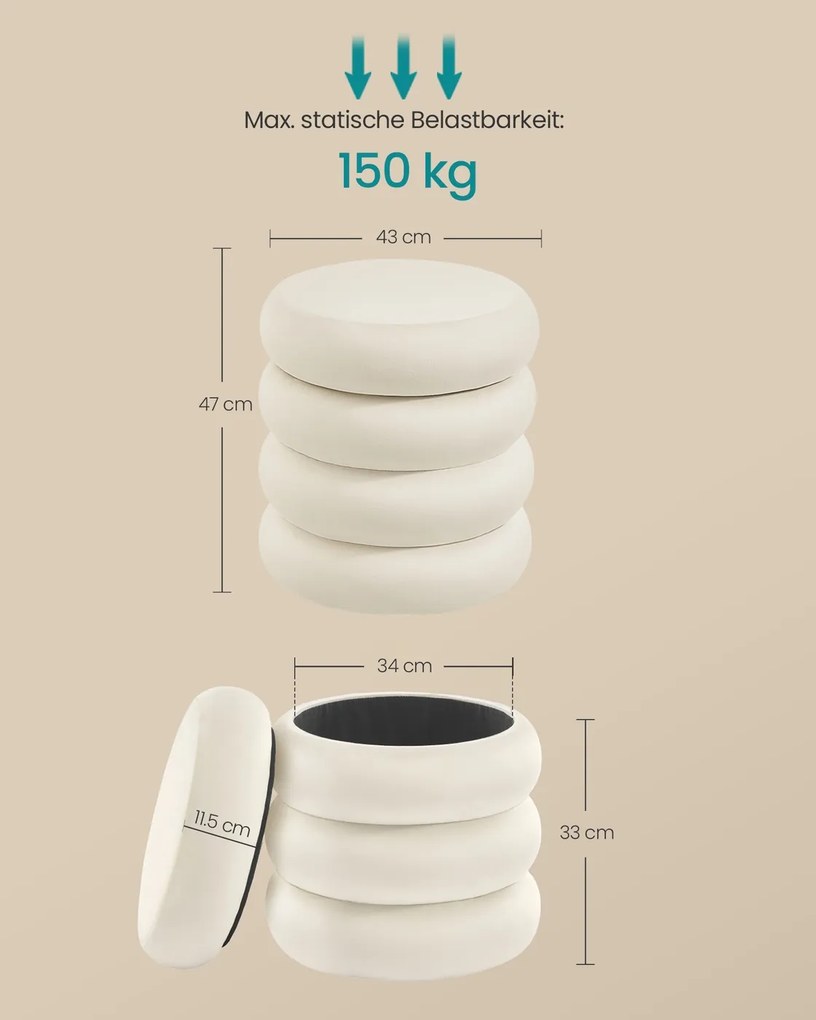Banco redondo com espaço de arrumação e tampa removível, 43 x 47 cm, branco creme