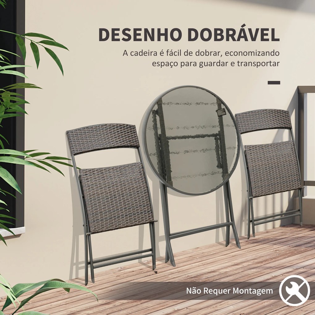 Conjunto de Mesa e 2 Cadeiras Móveis Ratan para Jardim Dobrável Estrutura Aço - 61x46x84cm Castanho