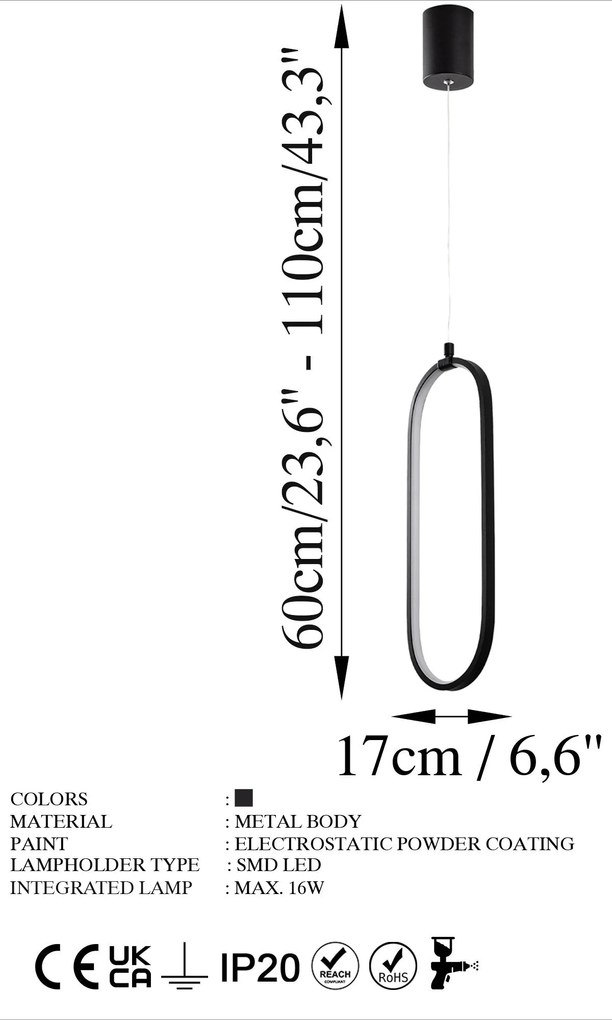 Candeeiro Chandelier Can – Preto – 17 x 60-110 cm