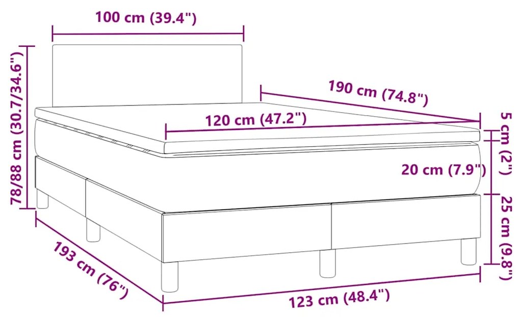 Cama box spring c/ colchão/LED 120x190cm couro artificial cinza
