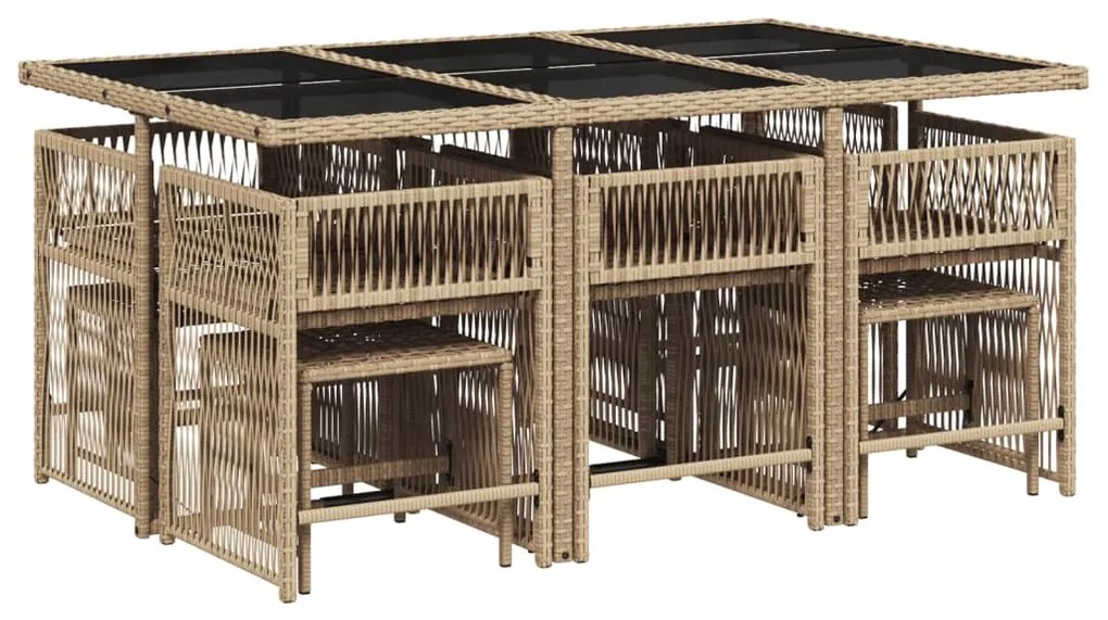 11 pcs conjunto de jantar p/ jardim com almofadões vime PE bege