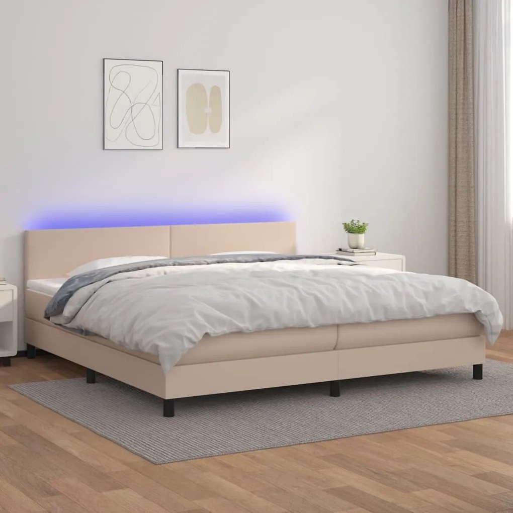 3134128 vidaXL Cama box spring c/colchão/LED 200x200cm couro artif. cappuccino