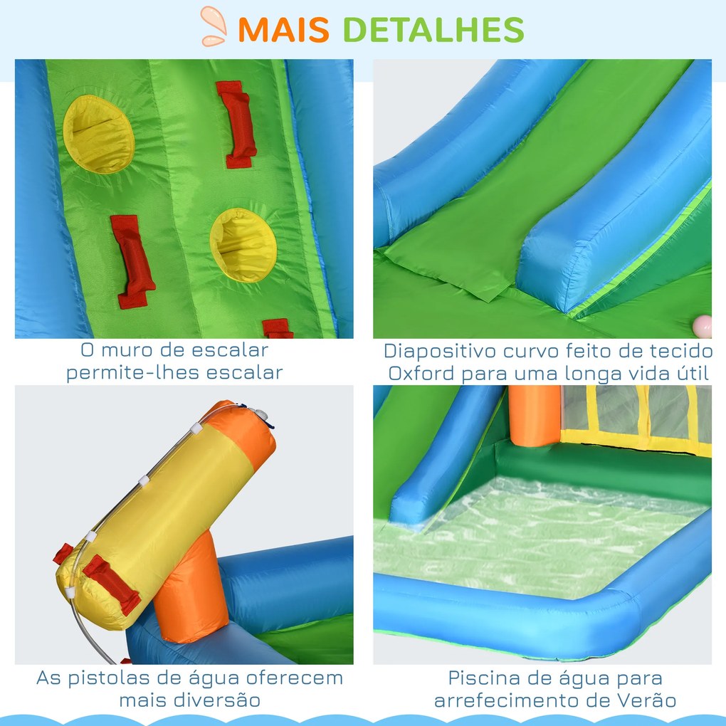 Outsunny Castelo Insuflável com Escorrega Trampolim Piscinas e Pistola de Água para Crianças acima de 3 Anos com Inflador e Bolsa de Transporte para Interior Exterior 550x285x260cm Multicor