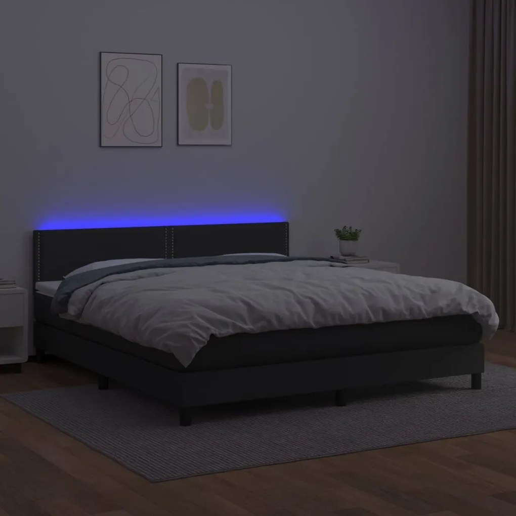 Cama box spring c/ colchão/LED 180x200cm couro artificial preto