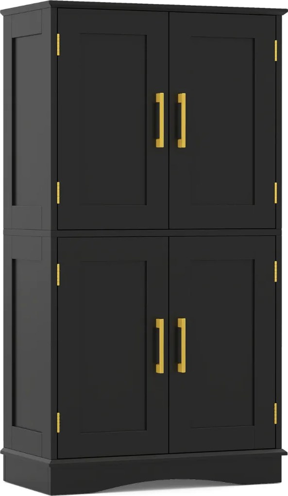 Móvel despensa 110 cm independente com 4 portas e 2 prateleiras ajustáveis Armário para cozinha sala de jantar Preto
