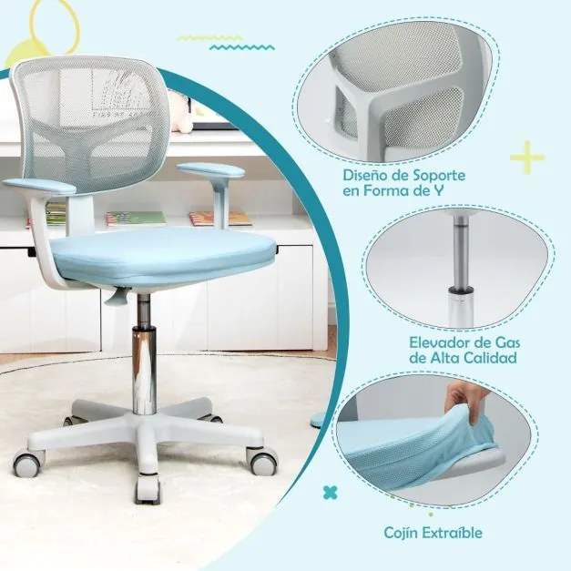 Conjunto 2 em 1 de secretária e cadeira para crianças Secretária ajustável em altura e ângulo com cadeira ergonómica giratória Azul