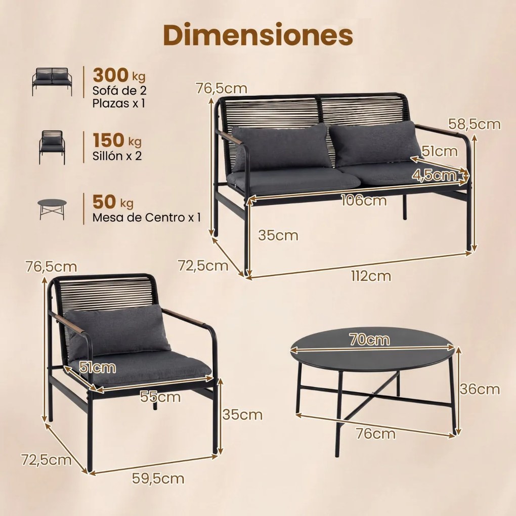 Conjunto de jardim, 4 peças, em vime com estrutura metálica e almofadas em rattan PE, 2 poltronas com mesa, para alpendre, jardim ou varanda, Cinzento