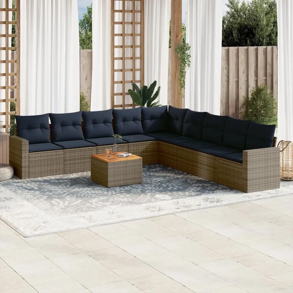 10 pcs conjunto sofás p/ jardim c/ almofadões vime PE cinzento