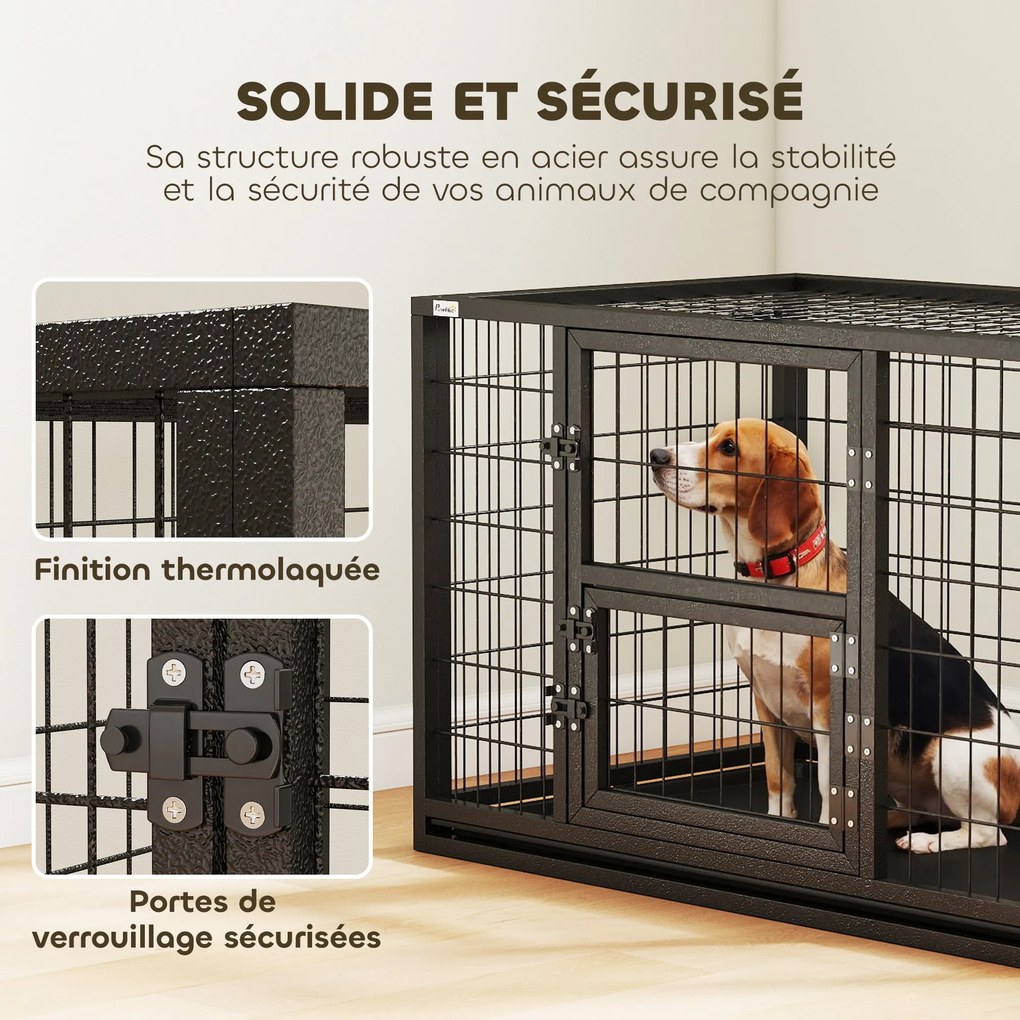 Gaiola robusta para cães 94 x 60 x 64 cm, casota interior com compartimentos abertos e porta para alimentação, em aço , preta
