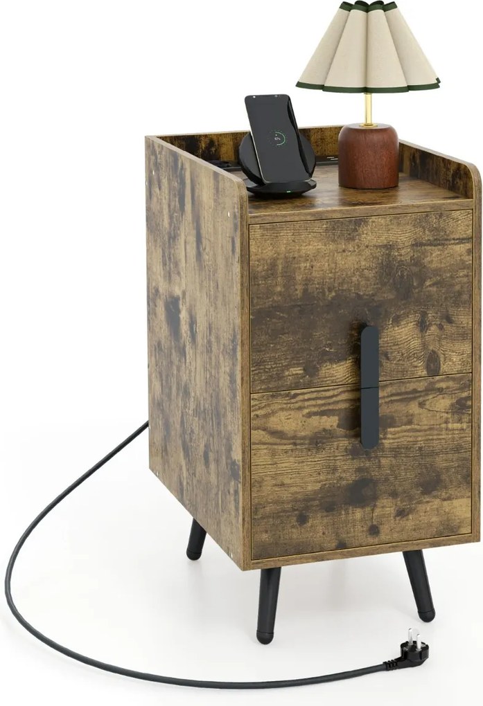 Mesa de cabeceira ou mesa apoio com 2 gavetas 40 x 32 x 60 cm e Estação de carregamento Pernas de metal resistentes Castanha
