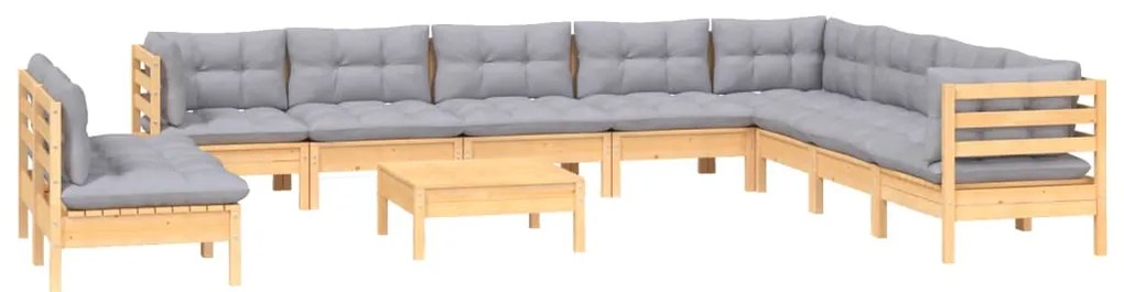 11pcs conjunto lounge de jardim + almofadões cinza pinho maciço