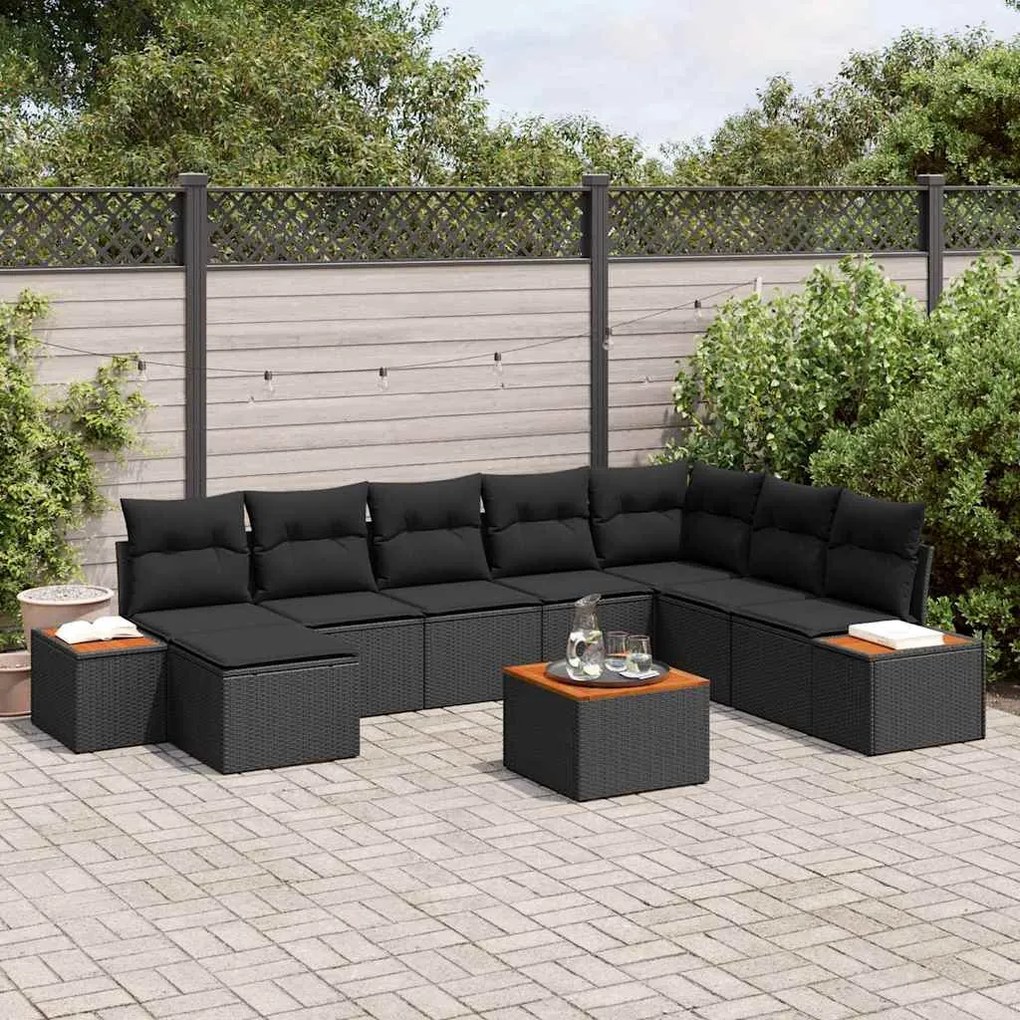 vidaXL Conjunto de Sofá de Jardim com almofada 9 pcs Preto vime PE