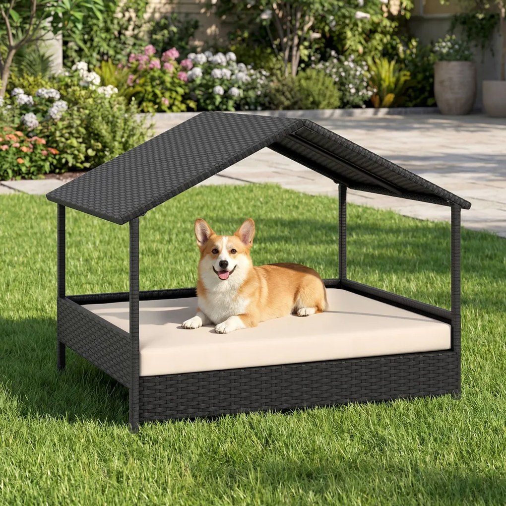 Cama de rattan para cães com toldo de rattan, para jardim 98 x 69 x 74 cm, Suporta 60 kg Almofada removível para interior e exterior Bege e preto