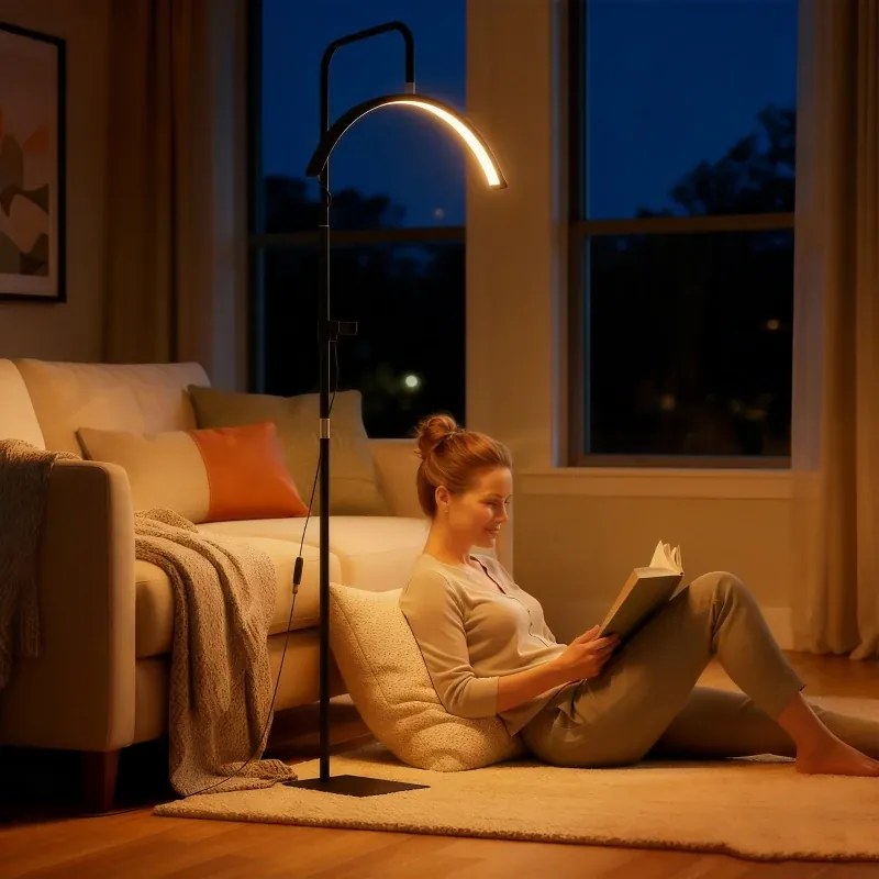 Candeeiro de Pé Meia Lua com Cabeça Giratória 350° 7 Temperaturas de Cor Brilho Ajustável Suporte para Telemóvel Preto