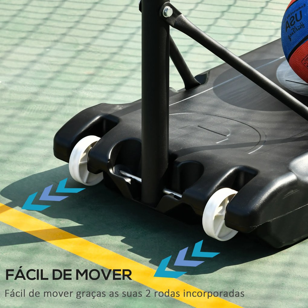 Cesto de Basquetebol para Exterior com Altura Ajustável  206-260 cm Rodas e Base Recarregável Preto