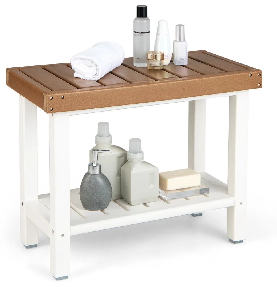 Banco de casa de banho com prateleira de armazenamento banco de chuveiro à prova d'água 61 x 31 x 49 cm castanho e branco