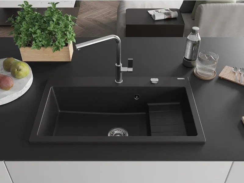 Mexen Omar lava-louça de granito com 1 cubas 800 x 480 mm, preto, sifão de cromado - 6520801005-77