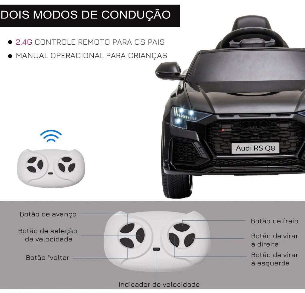 Carro Elétrico Infantil acima de 3 anos Licença Audi RS Q8 com Bateria 6V Controle a Distância Música MP3 Buzina e Luzes Velocidade Máx. 3km/h 101x62x