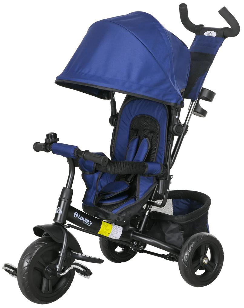Triciclo para Bebés 2 em 1 de +12 Meses com Capota Dobrável Guiador Telescópico e Removível Bolsa e Porta-garrafas Azul
