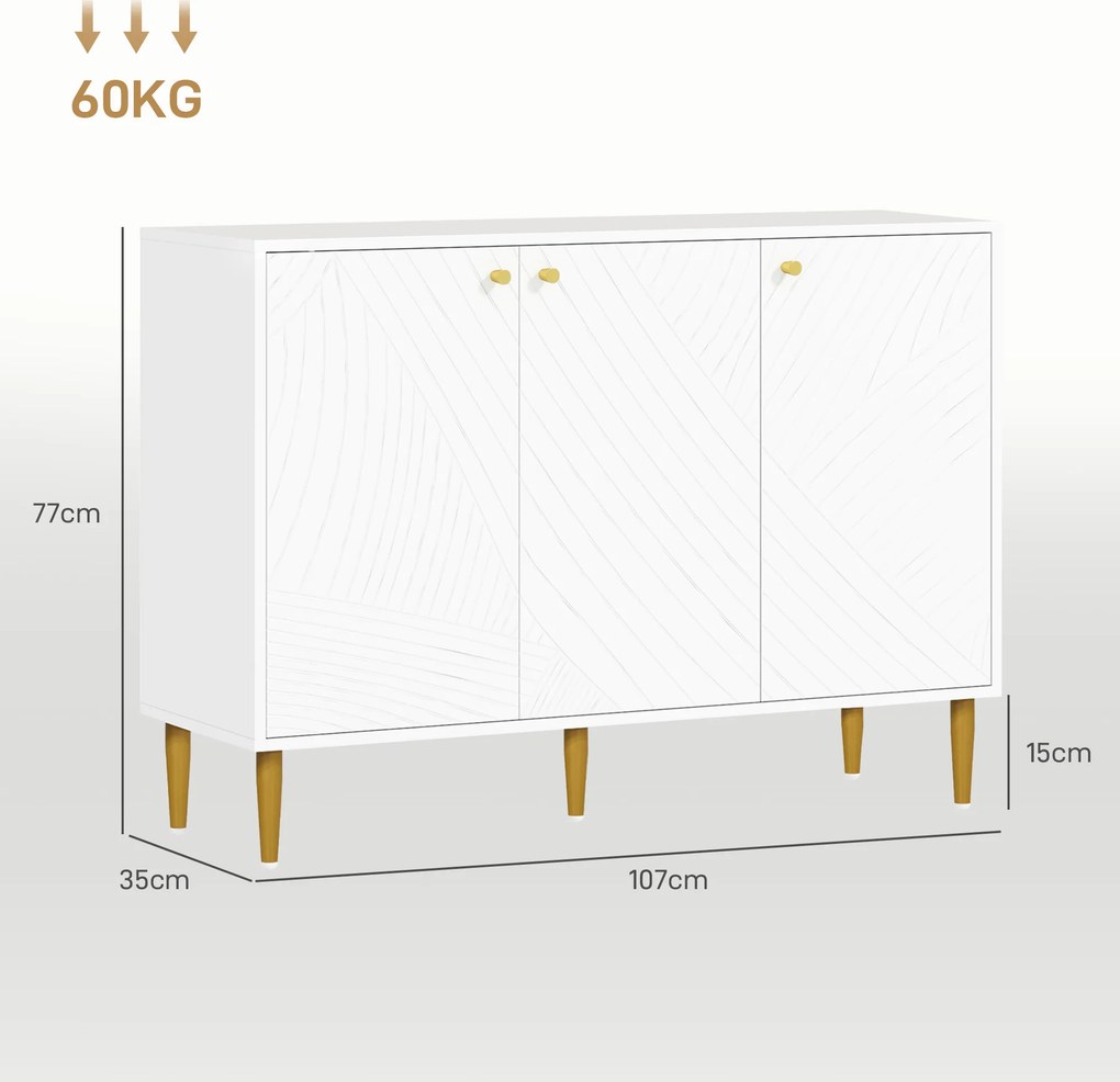 Aparador com 2 armários de 3 portas, prateleiras ajustáveis e pés dourados em aço, 107 x 35 x 77 cm, branco
