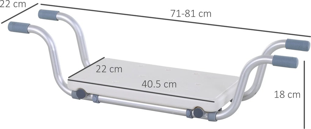 Assento para banheira - Assento suspenso ajustável para banho - Banco de casa de banho - dim. 73-83 x 22 x 18 cm - alumínio e HDPE branco