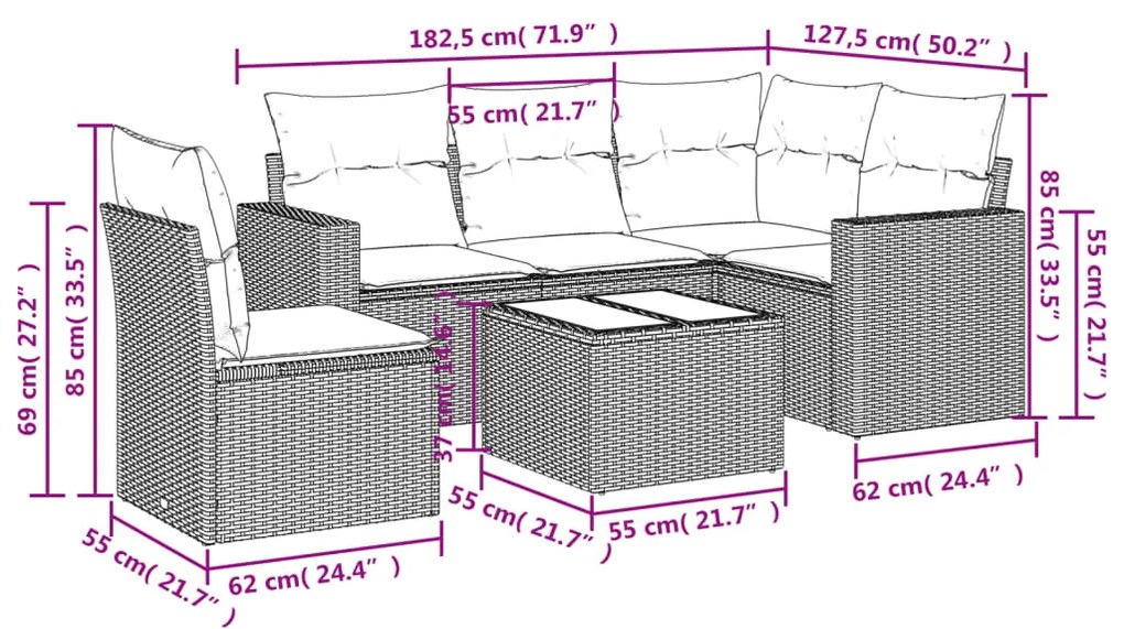 6 pcs conj. sofás jardim com almofadões vime PE cinzento-claro