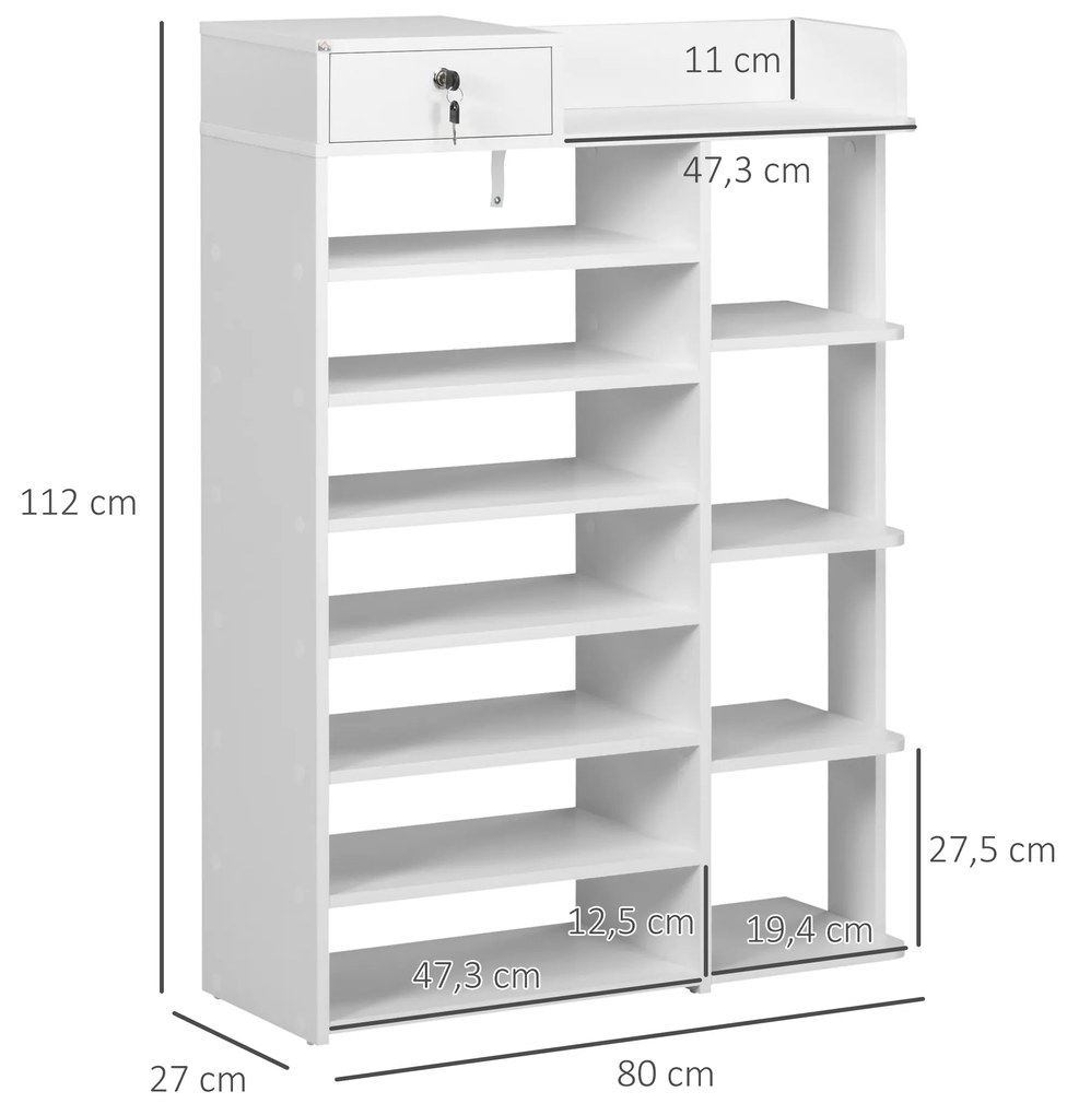 HOMCOM Sapateira de Madeira Móvel para Sapatos com 11 Prateleiras Abertas para 18 Pares de Sapatos e Armário com Fechadura para Corredor Entrada 80x27x112 cm Branco