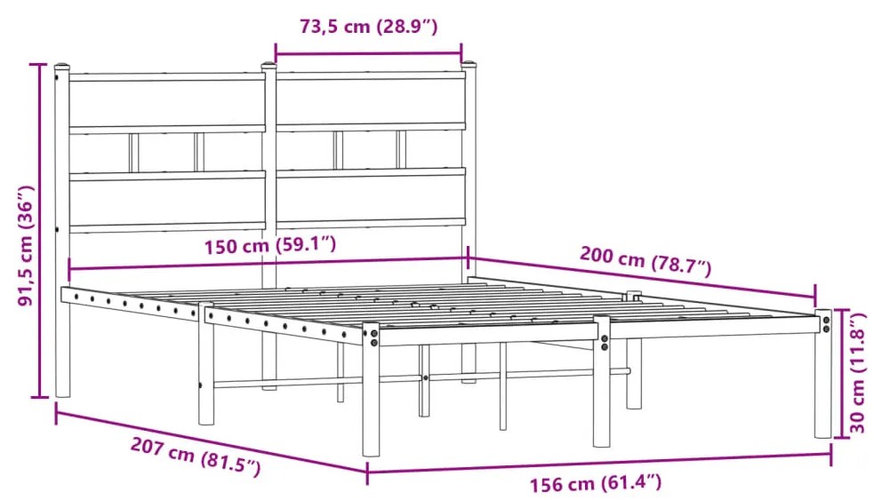 Estrutura de cama sem colchão 150x200cm metal carvalho sonoma