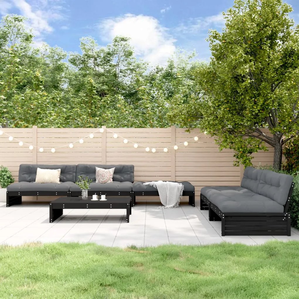 6pcs conjunto lounge jardim c/ almofadões madeira maciça preto