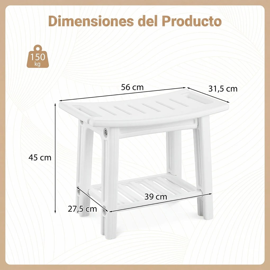Banco de Duche de Canto, 56 x 31,5 x 45 cm, Prateleira Inferior, Branco