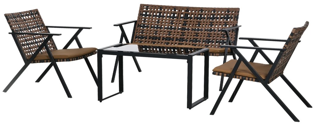 Conjunto de Jardim de 4 Peças em Vime Sintético com 2 Poltronas 1 Sofá de 2 Lugares e 1 Mesa de Vidro Castanho e Preto