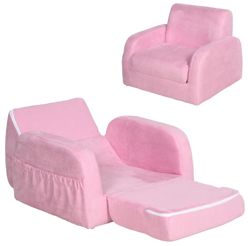 HOMCOM Poltrona Infantil 2 em 1 Crianças Dobrável 2 Posições Apoio Braços Confortável 47x45x38cm Rosa Estilo Moderno | Aosom Portugal