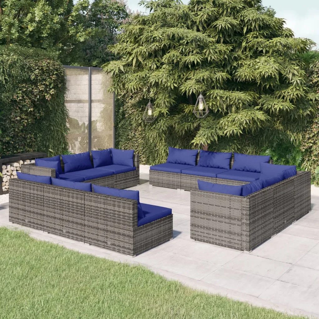 vidaXL 12 pcs conjunto lounge de jardim c/ almofadões vime PE cinzento