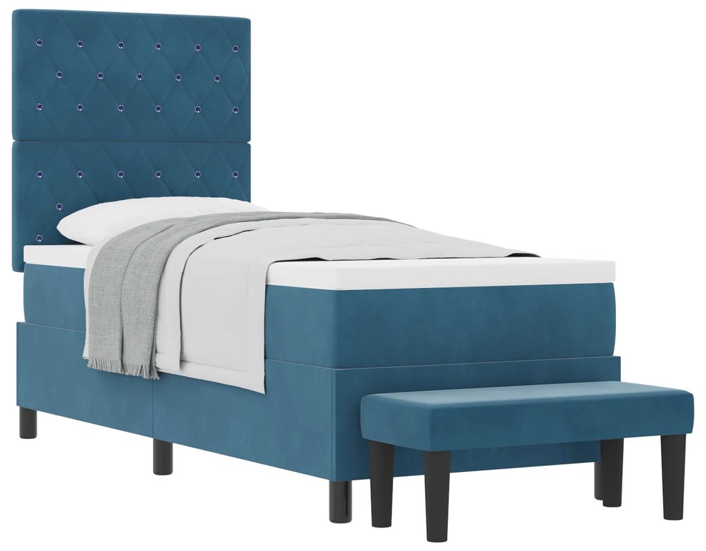 Cama Box Spring com Colchão e Banco Azul Escuro 80x200 cm Veludo
