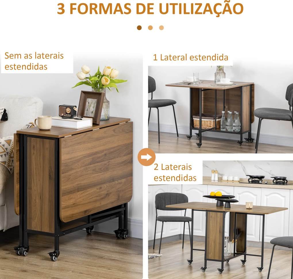Mesa de Cozinha Dobrável Mesa de Refeição Dobrável com Rodas Laterais Abatíveis e Prateleira Mesa Dobrável para Sala de Jantar 130x80x74 cm Castanha