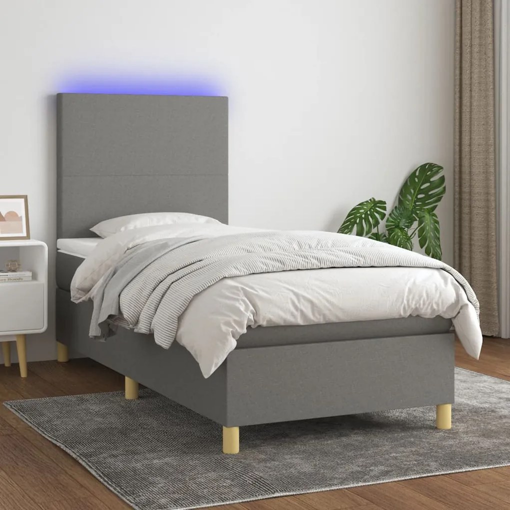 Cama box spring c/ colchão e LED 90x200 cm tecido cinza-escuro