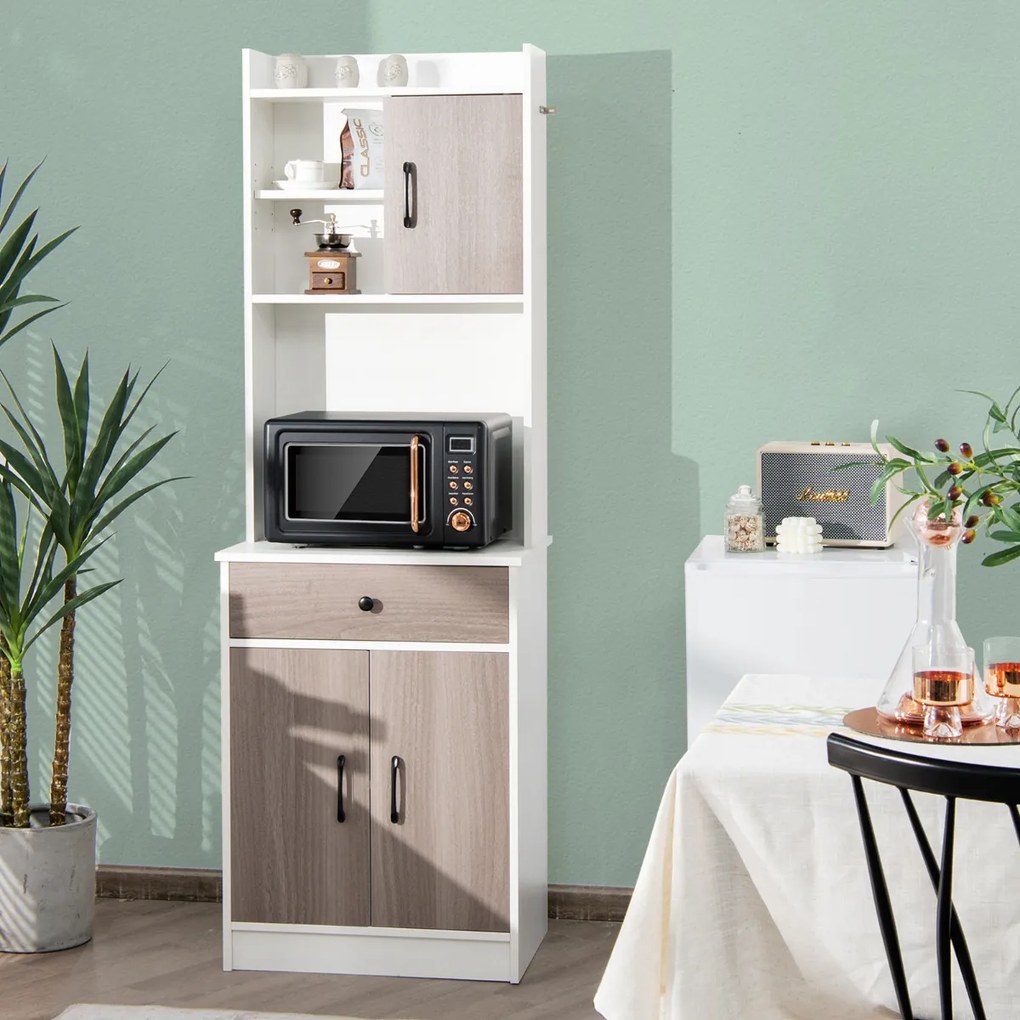Armário de cozinha com 3 portas, despensa, gaveta, escorredor de roupa, prateleiras reguláveis, amplo espaço aberto para micro-ondas, branco