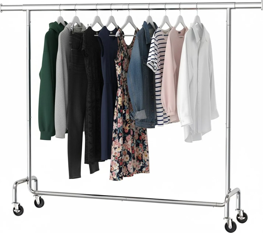 Cabide guarda roupa com rodas 45 x (160-200) x 162,9 cm, barra extensível, capacidade de carga até 110 kg prateado