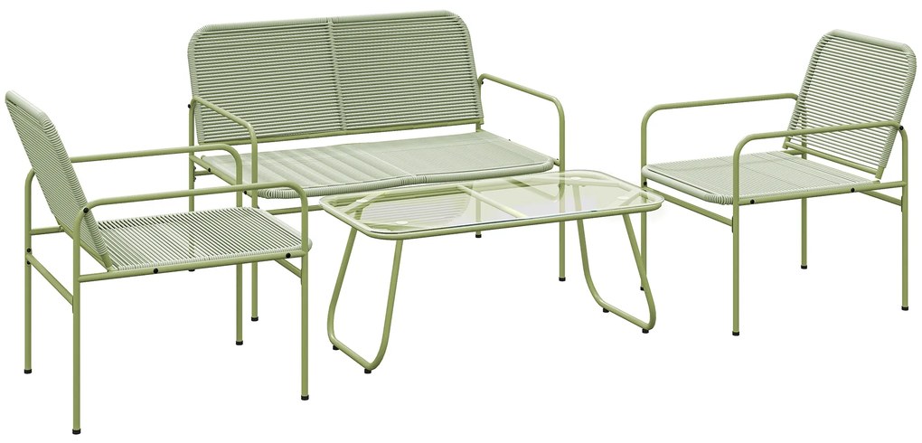 Outsunny Conjunto de Sala de Jardim Exterior em Vime Sintético 4 Lugares Sofá 2 Lugares 2 Cadeiras Mesa em Vidro em Aço Verde | Aosom Portugal