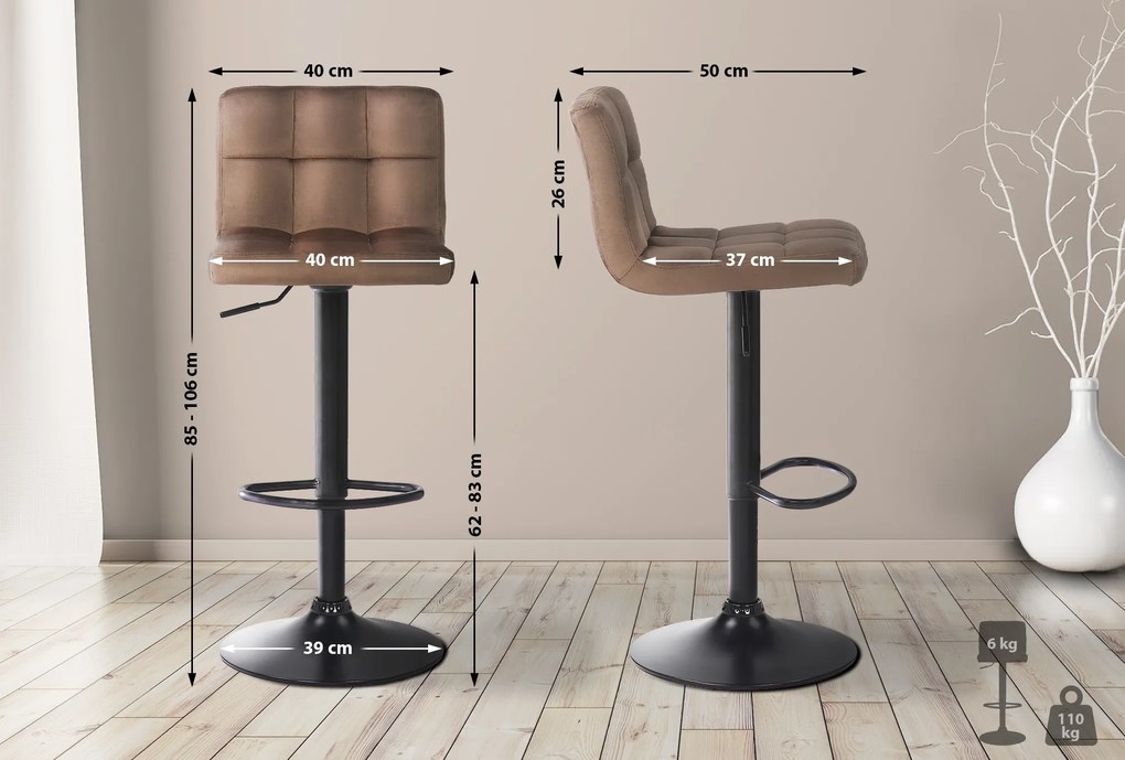Conjunto de 4 bancos de bar em veludo com estrutura preta 85-106 x 40 x 50 cm castanho