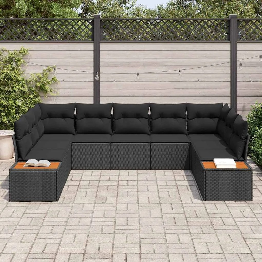 Conjunto de Sofá de Jardim de 9 Peças com Almofadas, Vime Preto e Acác