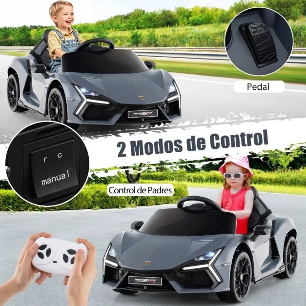 Carro elétrico para crianças 12V com controle remoto, portas hidráulicas, rodas de transporte e suspensão nas 4 rodas Cinzento
