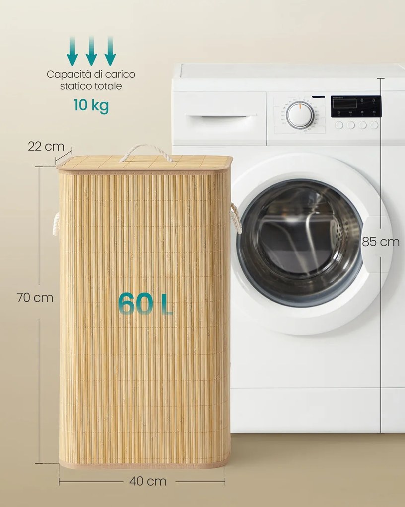 Cesto para roupa suja 60 L, 40 x 22 x 70 cm em bambu com tampa e saco removível natural
