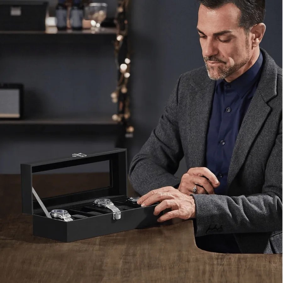 Caixa para 6 relógios 11,2 x 30 x 8 cm revestimento em PU preto, forro em veludo preto
