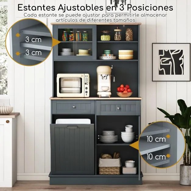 Armário Cozinha 100 x 34 x 172 cm com Porta para caixote de lixo com porta dupla basculante com bancada cinzento