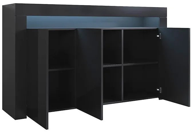 Aparador Lokise de 155cm com LED - Preto Brilhante - Design Moderno